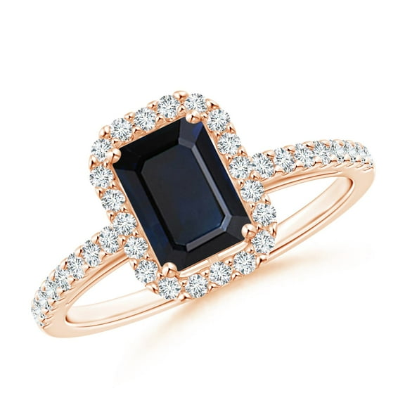Angara Natural Blue Sapphire Halo Ring - Emerald-Cut 1.05 ct Blue Sapphire Ring in 14K Rose Gold for Women (Size-7x5mm) | September Birthstone Jewelry