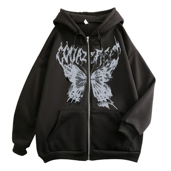 Xudanell Skeleton Zip up Hoodie Women Butterfly Oversized Jacket Graphic Hoodie Sweatshirt Casual Black L