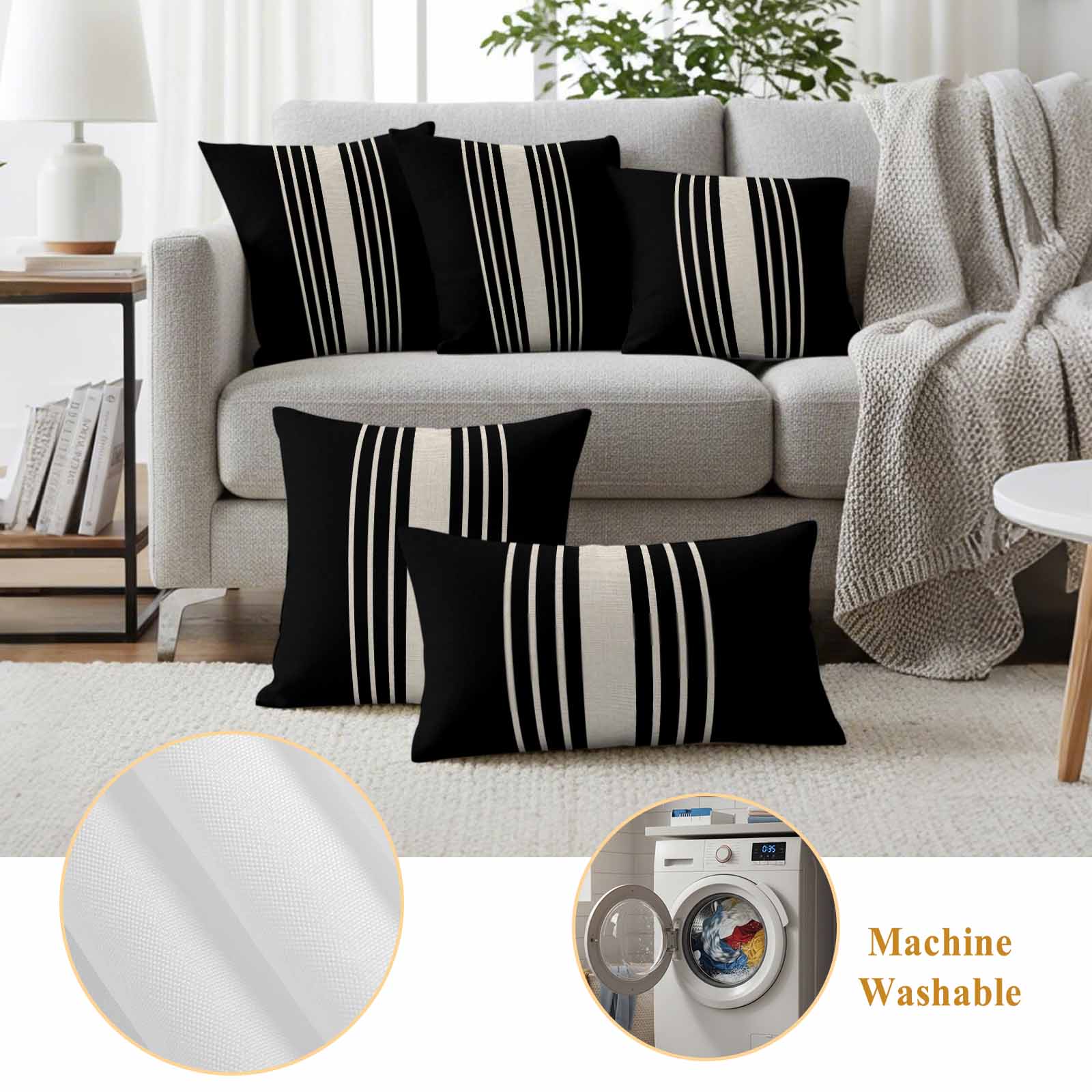 Black Beige Striped Outdoor Waterproof Pillow Covers, Modern Farmhouse Retro Lines Decorative Rectangle Throw Pillowcase Sofa Cushion Sham for Patio/Couch/Chair, 20"x12" 2 Pack