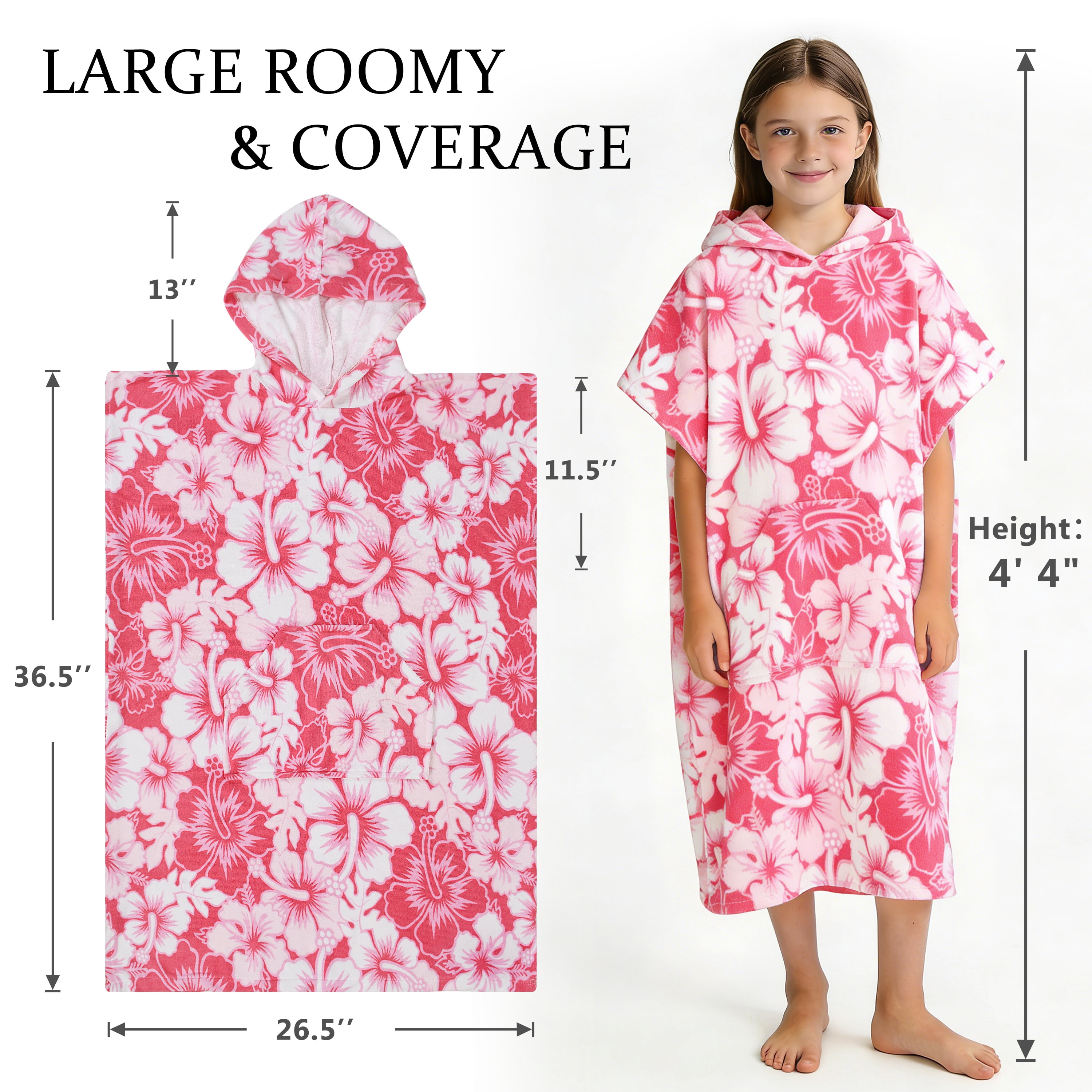Catalonia Kids Hooded Poncho Towel, 100% Cotton Absorbent Changing Robe for the Beach, Pool, and Bath, Cute Gifts for Childrens (Boys and Girls), Pink Flower