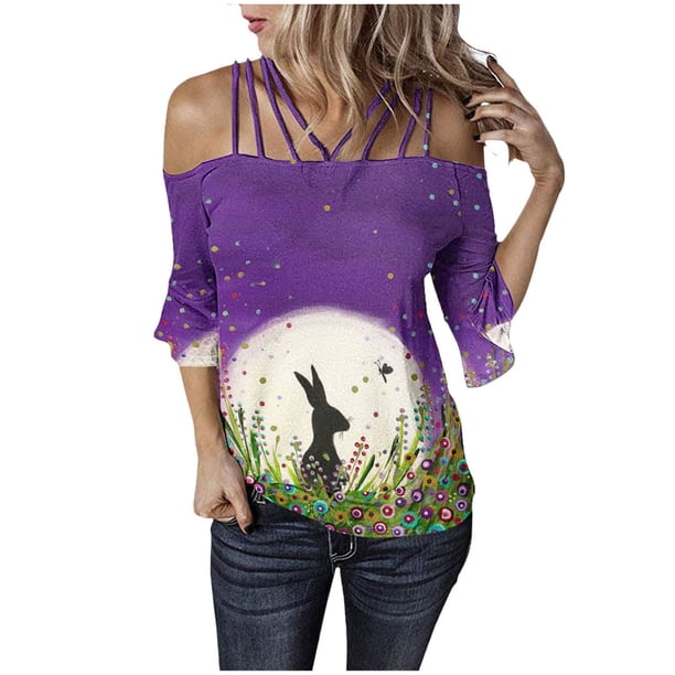 Mujeres sueltas casual 3/4 manga sin tirantes estampado blusa casual camiseta túnica tops Fridja czfsfas1655