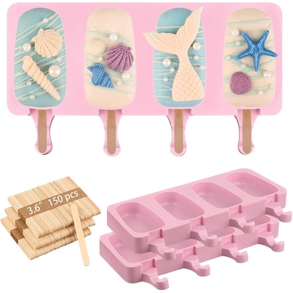 Set of 2 Popsicle Molds, Cakesicles Silicone Mould Ice Cream Mold Oval Cake Pop Mold with 50 Wooden Sticks and 50 Bags for DIY