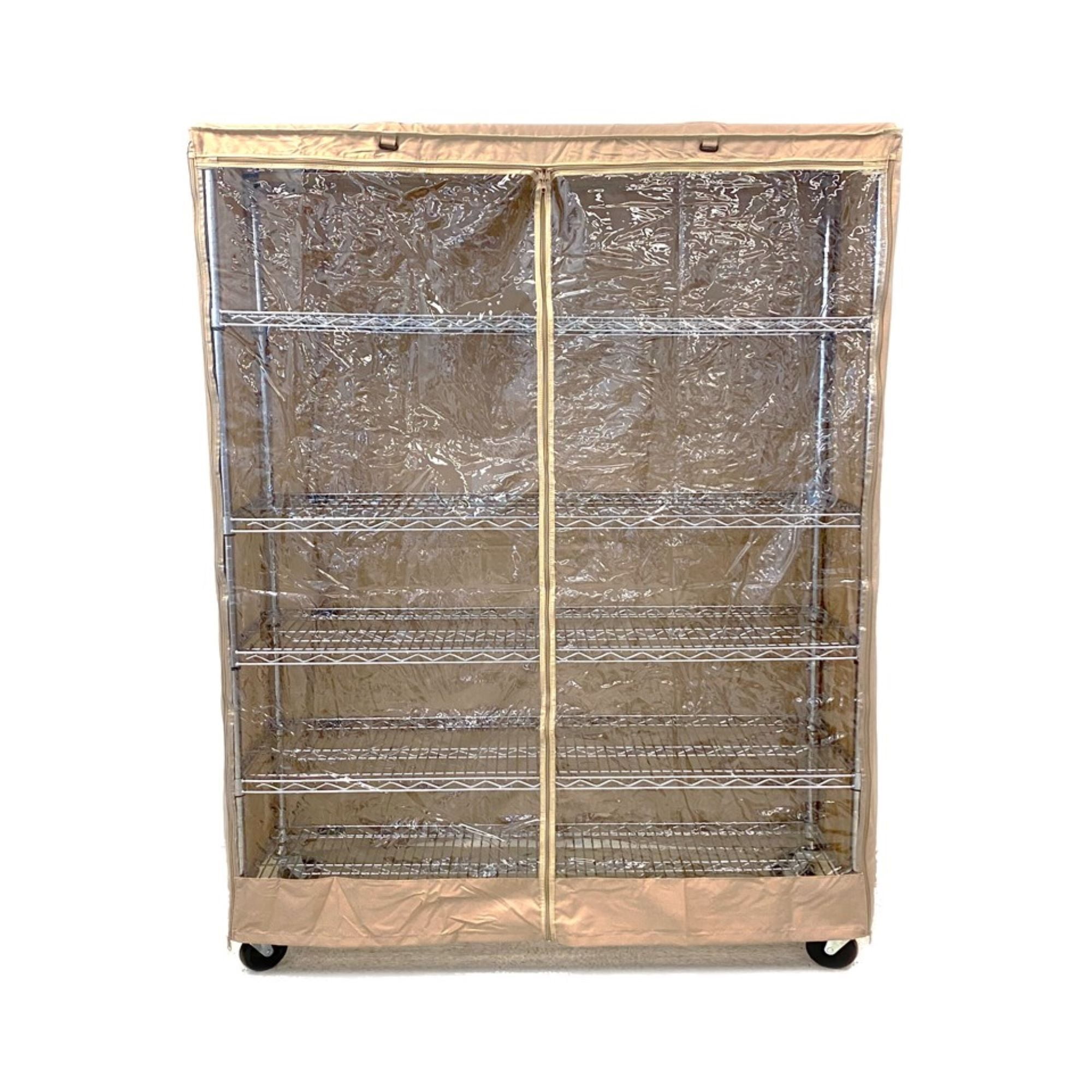 Covered Living 60"W x 24"D x 72"H Storage Shelving Unit Cover With Front Clear Panel, Khaki