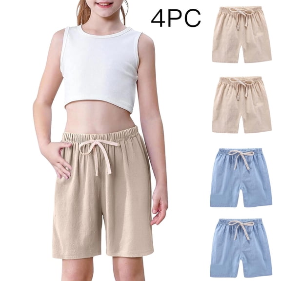 Juslio Girls Shorts 4PC Casual Elastic Waist Linen ShortsBreathable Solid Shorts Sizes 9