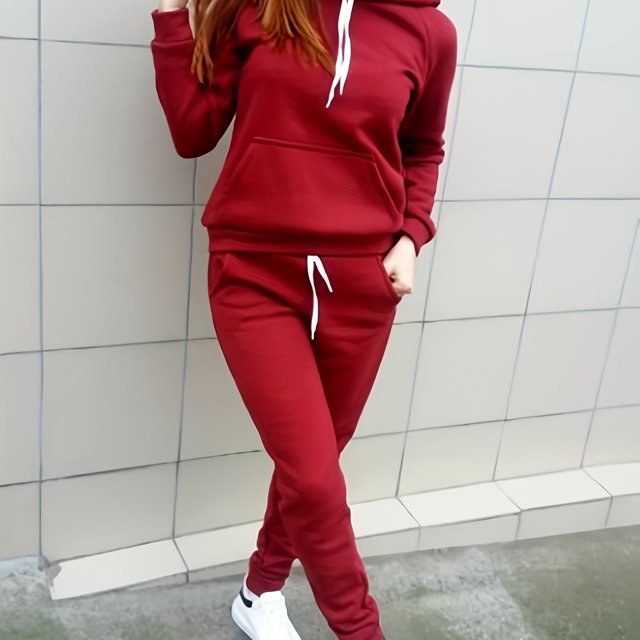 Conjunto Informal Sólido De Dos Piezas, Sudadera Con Capucha Con Bolsillo De Canguro Y Pantalones Con Cordón, Ropa De Mujer