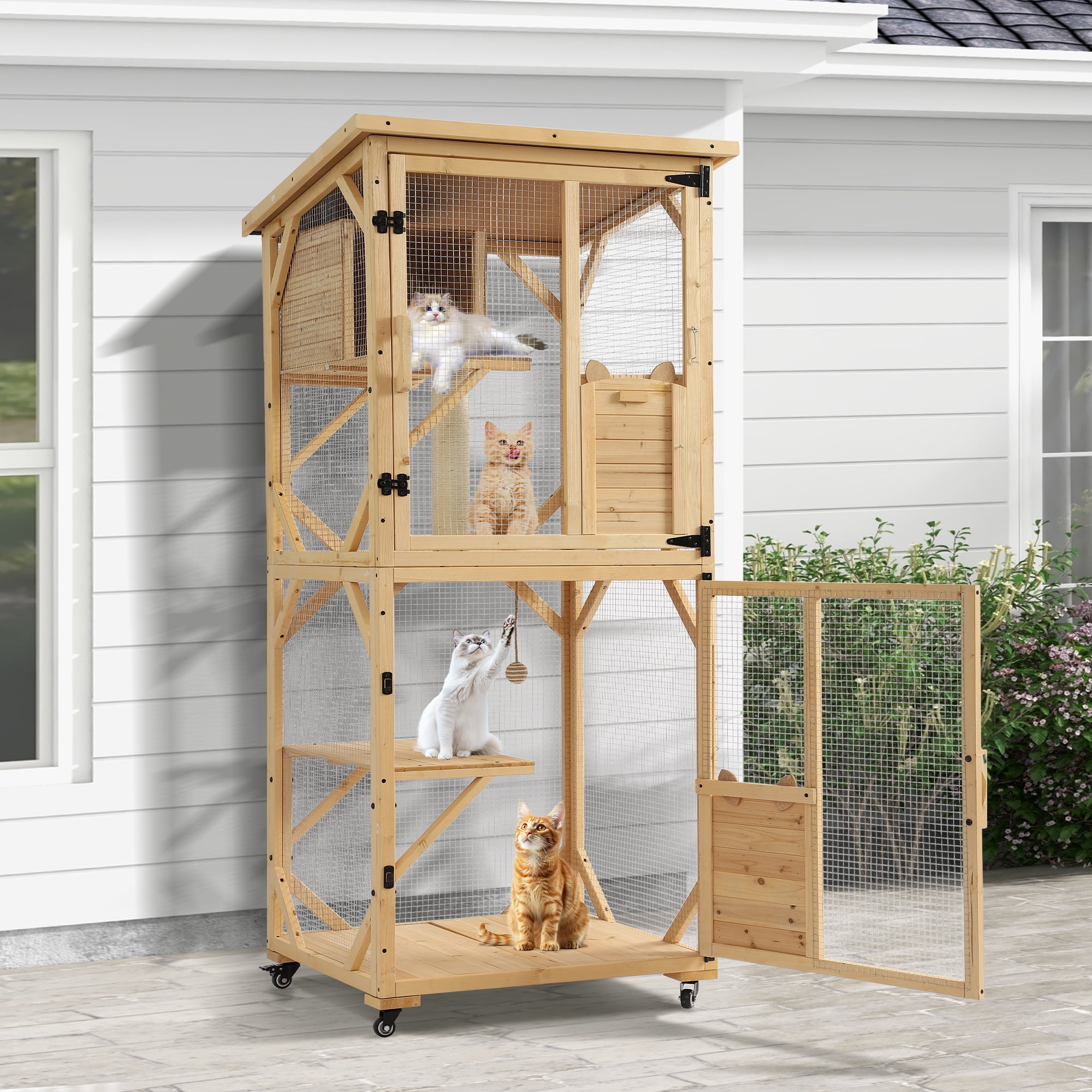 Magic Union Catio Outdoor Cat Enclosure, 4 Tiers Cat House with Waterproof Roof, Indoor Cat Cage with Wheels and Removable Floor, Large Outside Wood Cattio Kitty with Resting Box (Natural)