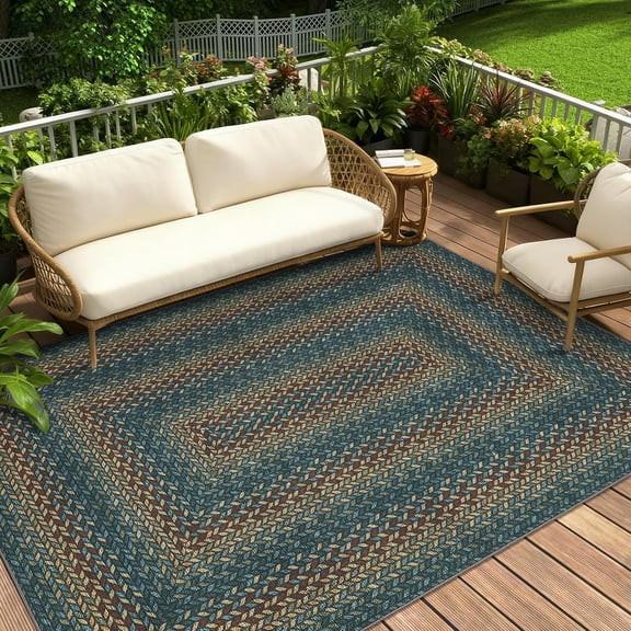 5x7 Area Rug Washable Non Slip Faux Jute Indoor Outdoor Rug Modern Farmhouse Navy/Rust