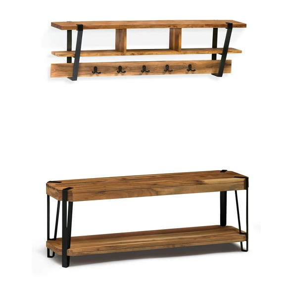 Alaterre Ryegate Natural Live Edge 5-Hook Bench with Coat Hook Shelf Set, Natural