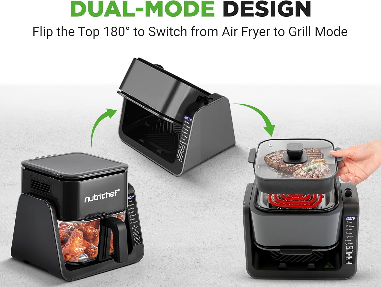 NutriChef 4QT Air Fryer & Grill Combo, 7 Preset Cook Modes, Transparent Glass Fry Bowl, 1.2QT Grill, Black