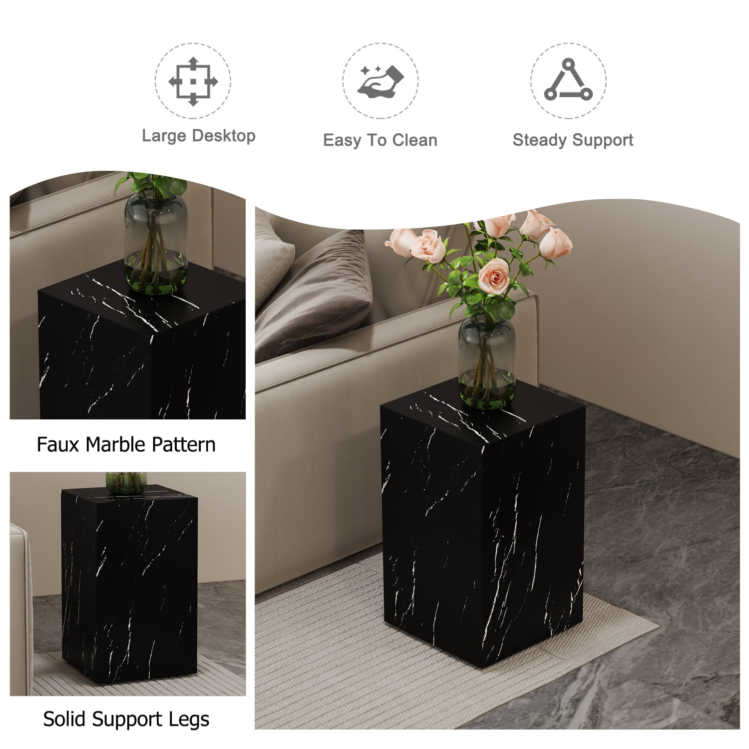 11.8*11.8*19.6 Inch Black Marble Texture MDF Coffee Table Modern Living Room Accent
