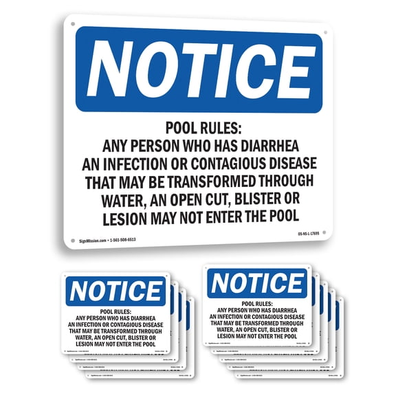 Pool Rules Any Person Who Has Diarrhea OSHA Notice Aluminum Sign 14 Inch x 10 Inch - 10 Pack