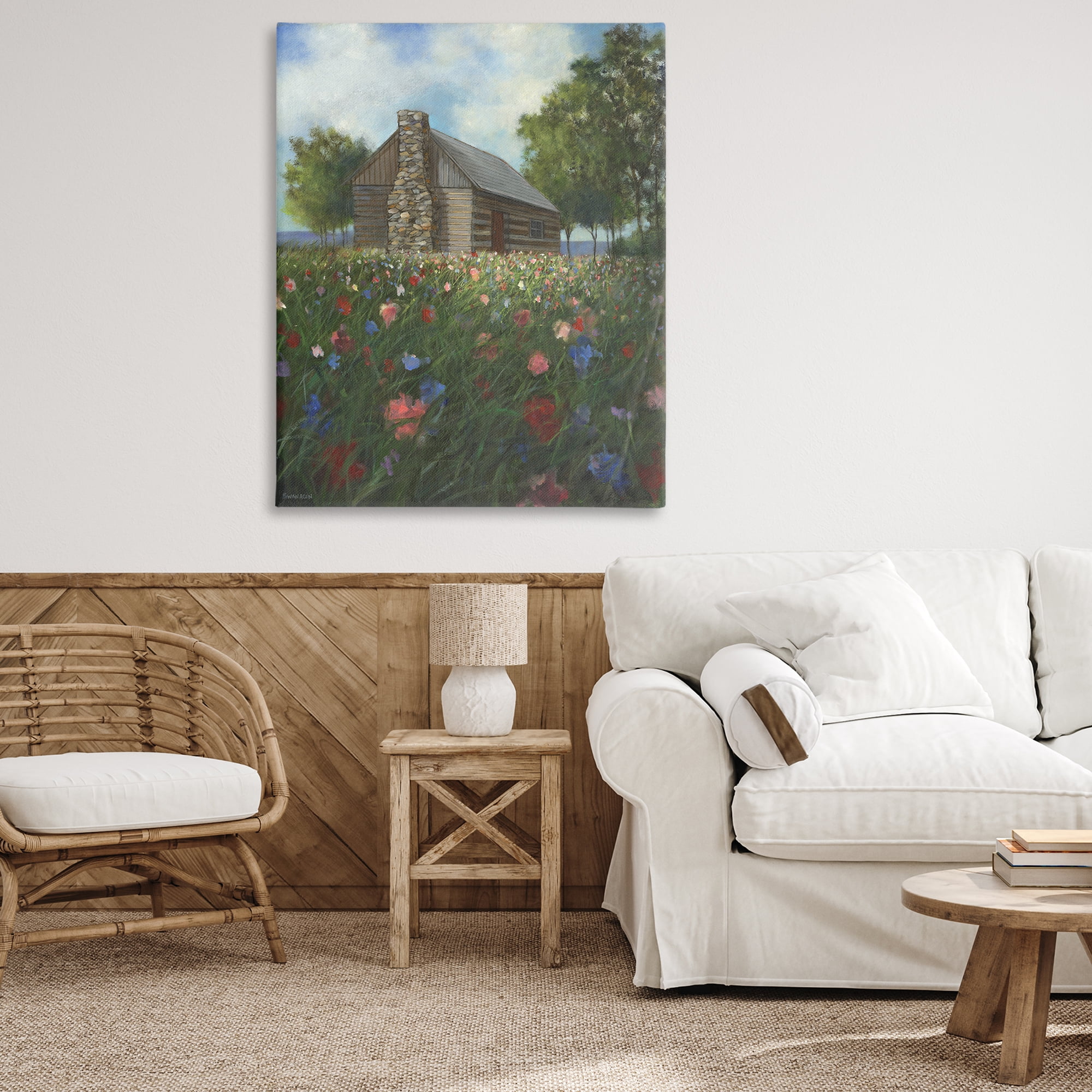 Stupell Industries Log Cabin Meadow Landscape Painting Gallery Wrapped Canvas Art Print Wall Art, 36 x 48