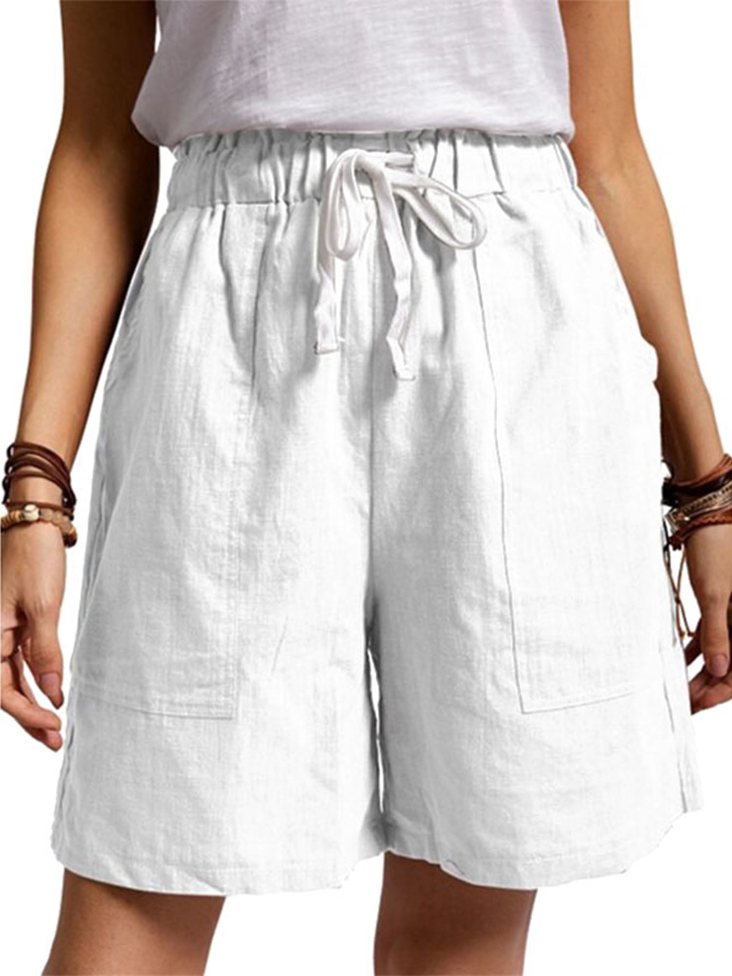 Women Cotton Linen Summer Short Pants Elastic Waist Pocket Casual Shorts Jersey Lounge Walking Shorts 