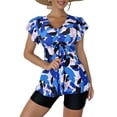 thumbnail image 1 of Skearow Women Tankini Sets Short Sleeve Swimwear V Neck Stretch Two Piece Swimsuit Print Athletic Ruffle Pullover With Boyshort Blue 3XL, 1 of 3
