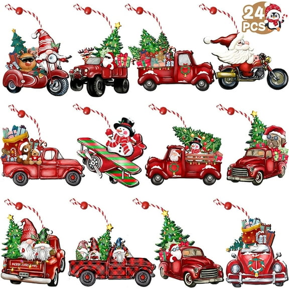 24PCS Wooden Christmas Truck Ornaments, Red Truck Wooden Hanging Ornaments, Farmhouse Xmas Tree Decoration Holiday Parties Craft Supplies