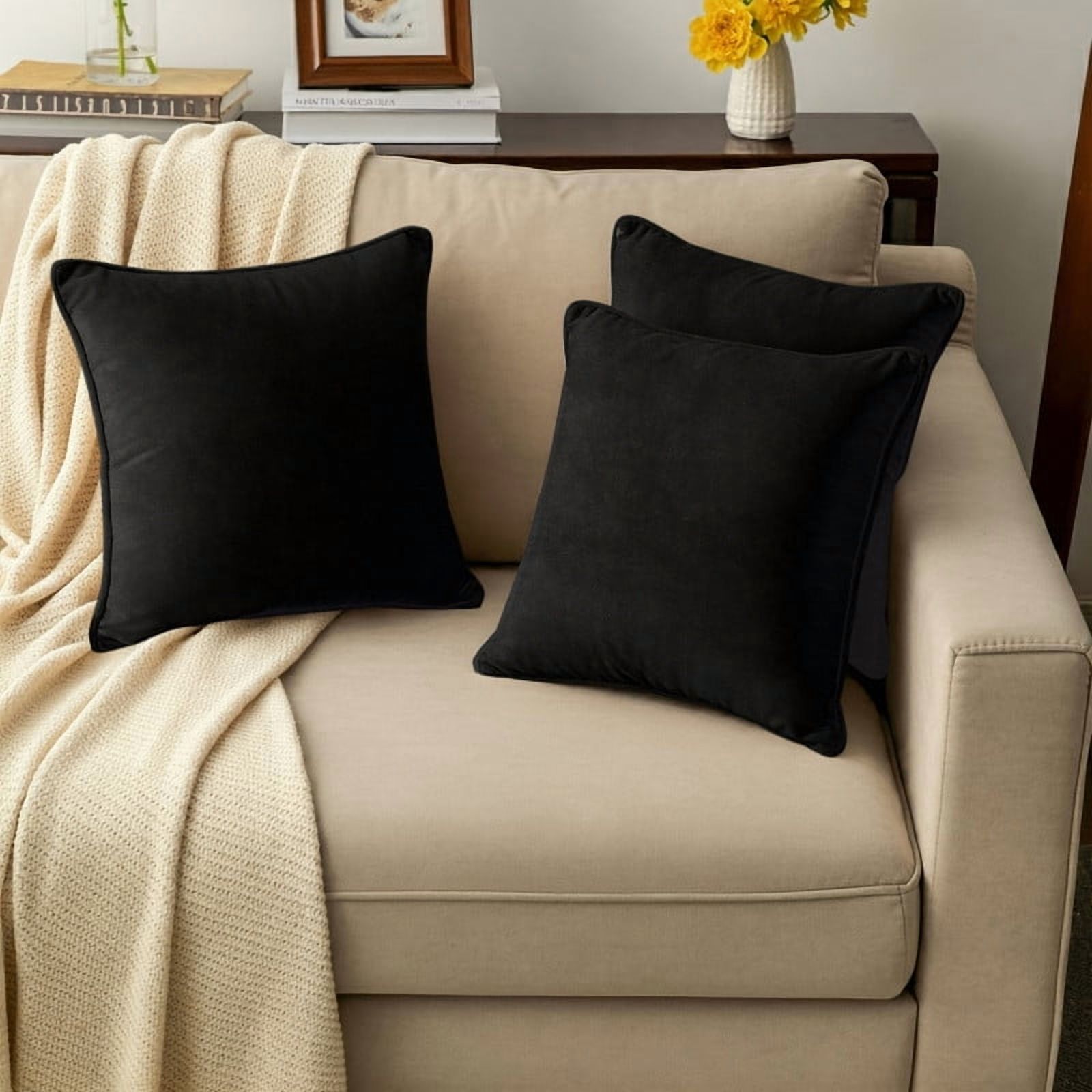A1HC Set of 2 Luxurious Soft Velvet Throw Pillow Covers Only, 18"x18", Black, Decorative Cushion Covers with Hidden YKK Zipper for Sofa or Bed