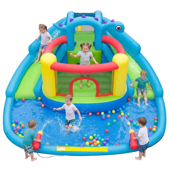 Costway Inflatable Water Slide Park with Double Slides, Jumping Area, Splash Pool for Yard Multi-colored