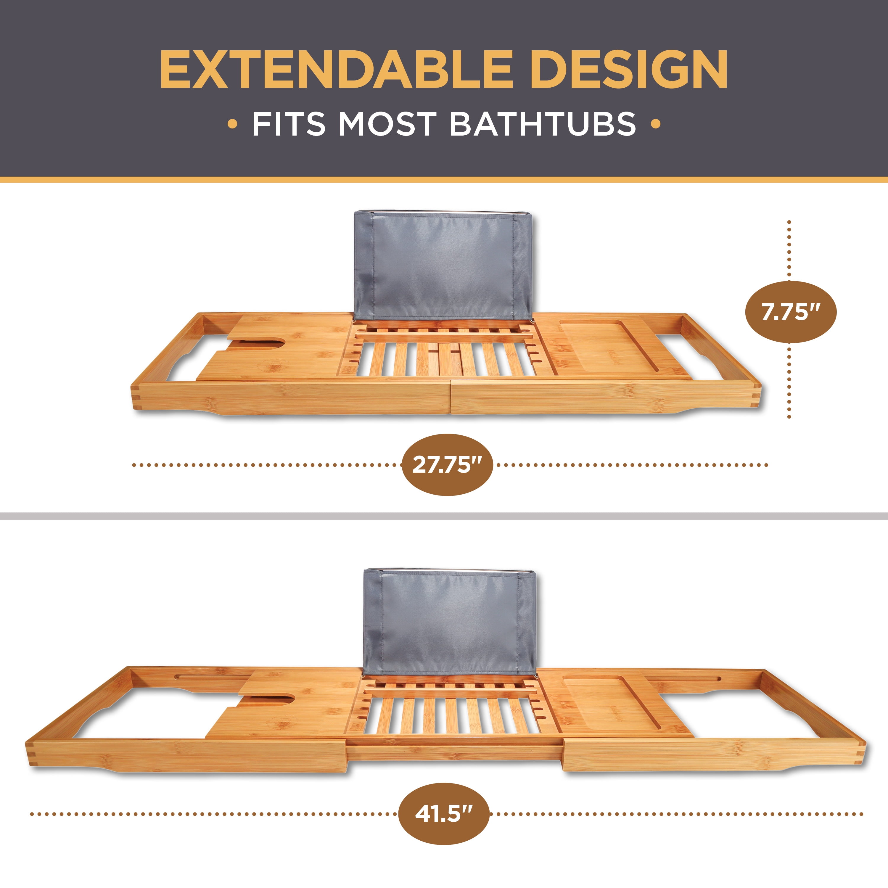 Bamboo Bathtub Tray Bath Caddy, Expandable Bath Tub Tray Wood with Tablet Holder and Wine Glass Holder