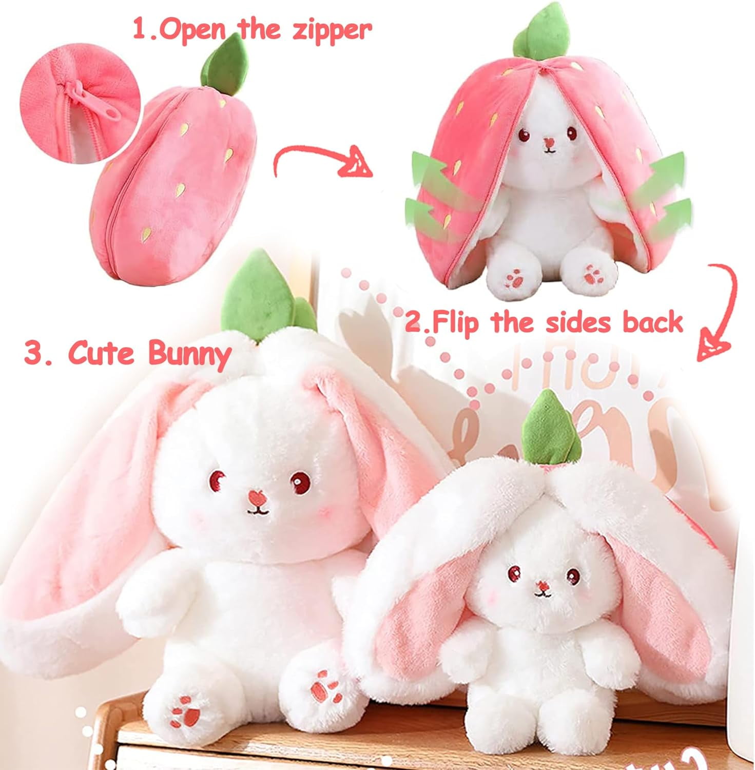 Conejito Reversible De Peluche – Juguete De 25 Cm Con Forma De Fresa/Zanahoria Y Sorpresa Interior, Peluche Kawaii Para Regalar En Pascua