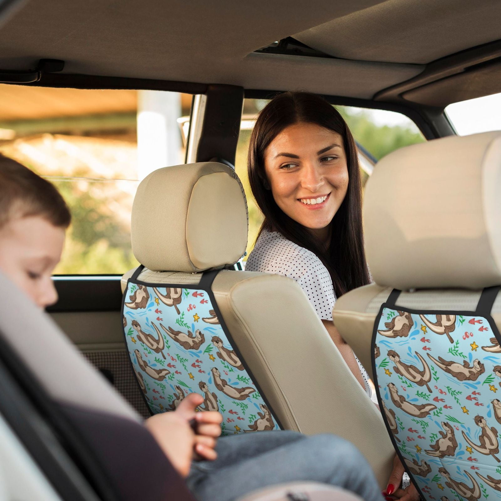 Xecao Cute Otters Pattern Car Seat Back Protector 2 Pack Large Capacity Pocket, Kick Mats Back Seat Protector