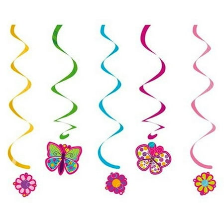 5-Piece Dizzy Danglers Hanging Party Decorations, Butterfly Sparkle, Coiled streamers with either butterflies or flower accents at bottom By Creative Converting