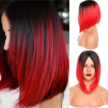 S-noilite 12 Inches Ombre Wigs Short Bob Hair Wigs Synthetic Cosplay Daily Party Wig for Women Natural Glack/Gine Red,95g