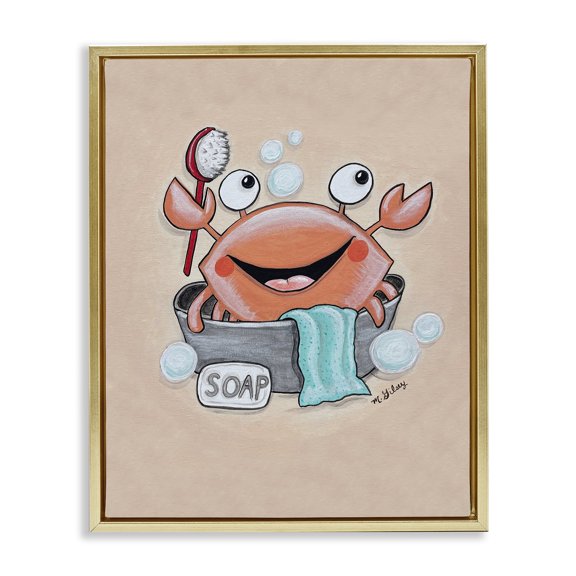 Stupell Industries Cottage Happy Crab Bathing Gold Floating Frame Canvas Art, 17 x 21, by Michelle Gilsey