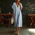 thumbnail image 6 of LNWUY Women's V Neck Linen Maxi Dress with Lace Trim Short Sleeve Solid Color Loose Pocket Long Dress Summer Casual Beach Dress Blue XXXL, 6 of 6