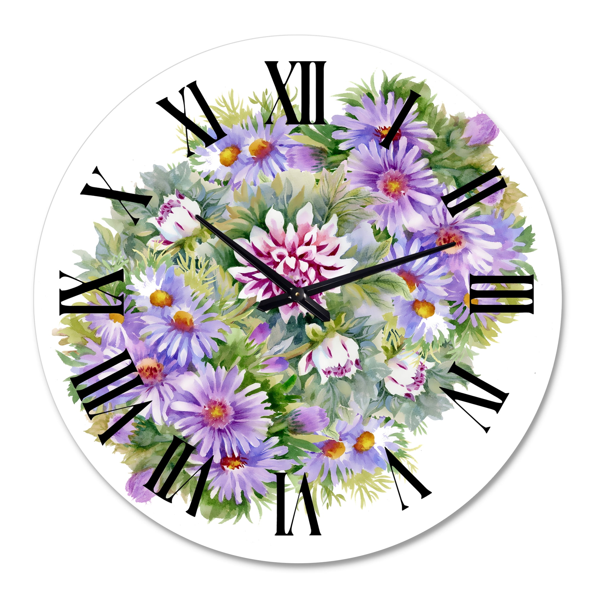Designart 'Bouquet With Purple Chrysanthemums And Daisies' Traditional Wall Clock