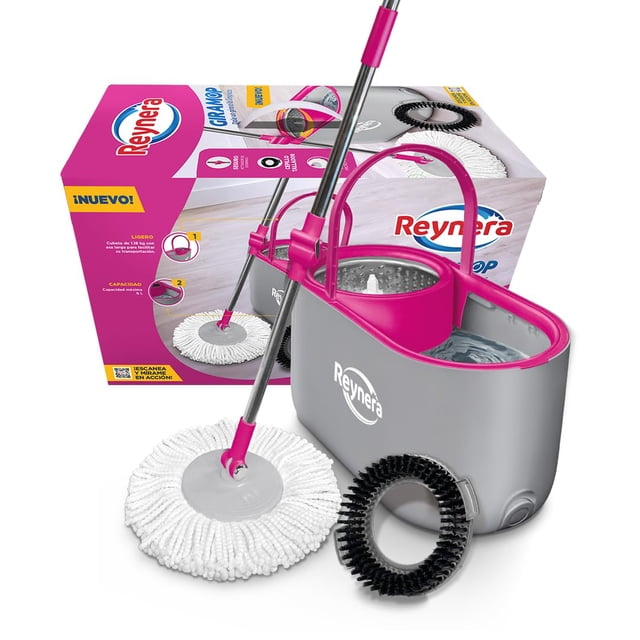 Reynera Giramop – Sistema de Limpieza Trapeador Mango Giratorio Telescópico, Cepillo Tallador, Canastilla Acero Inoxidable de Centrifugado, Canal de Drenado, Seguro Activador