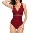 thumbnail image 2 of WREESH Womens One Piece Swimsuit Solid Color Fashion V Neck Bathing Suits Ruched Tummy Control Swimsuits Jumpsuit Swimwear Wine, 2 of 4