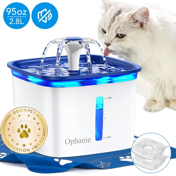 Ophanie 95oz/2.8L Pet Fountain with Anti-slip Mat & Replacement Filters, Automatic Cat Water Fountain Dog Water Dispenser, White & Blue