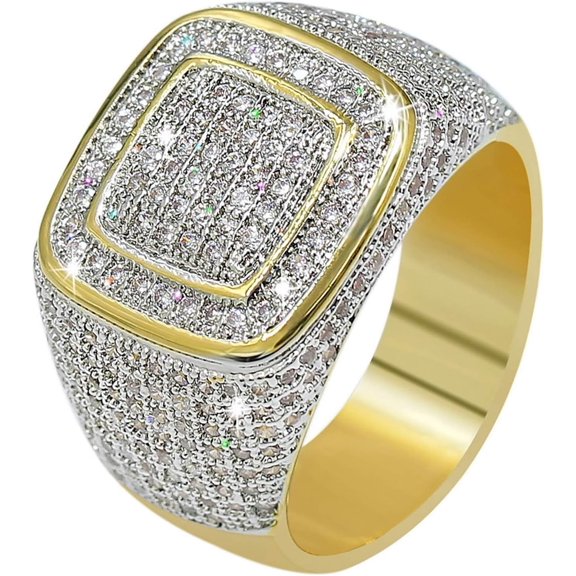 Men Ring 14K Gold Cluster Iced Out Lab Simulated Diamond Band Micropave Bling Ring Ideal Hip-Hop Style Men's Party Ring