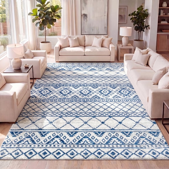 JONATHAN Y MOROCCAN HYPE 5 x 8 Area Rug, Boho Tribal - Cream/Blue, MOH103A-5