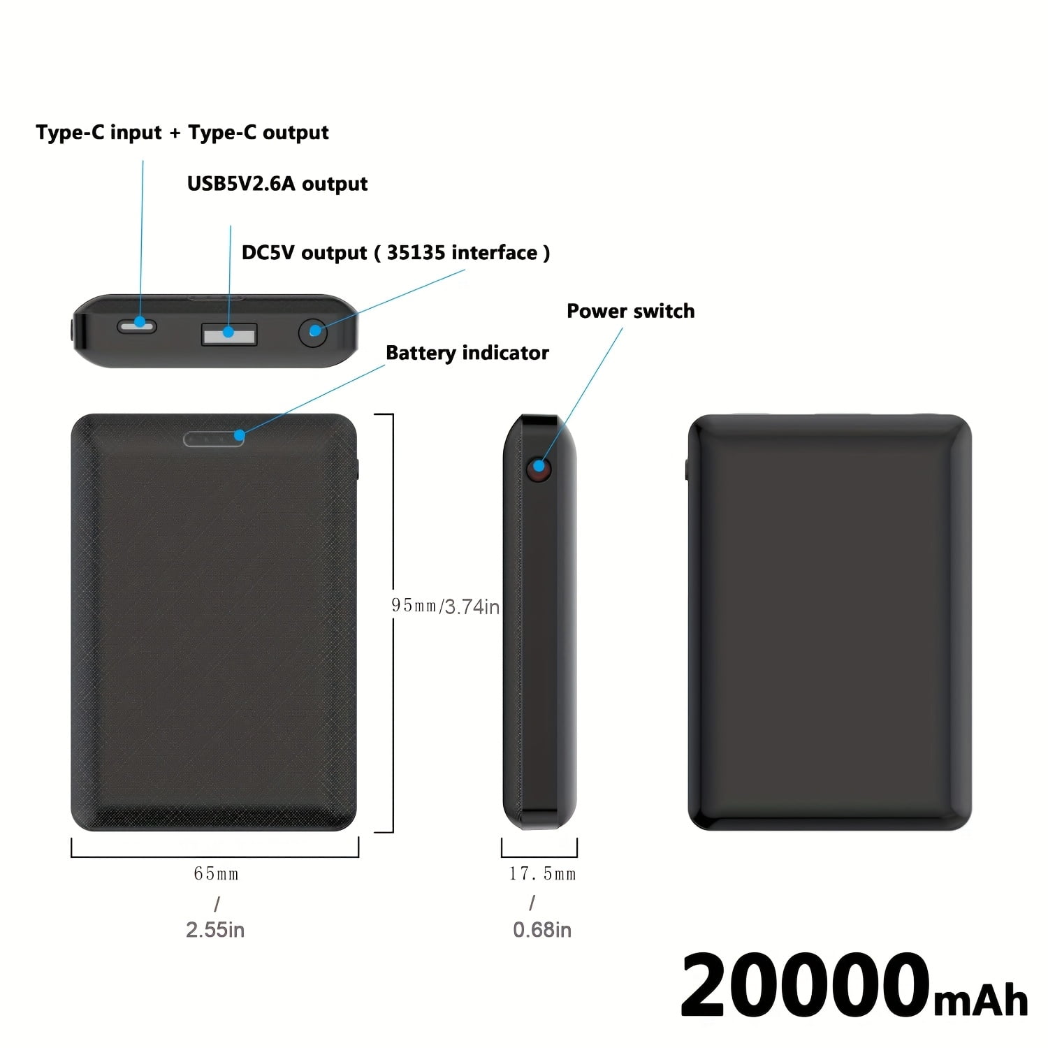 20000mAh Power Bank DC5V 3A | Portable Charger External Battery Pack for Heating Vest Jacket Scarf Gloves Electric Heating Equipment, Rechargeable Lithium Polymer Battery, USB Type-C, Brand: General