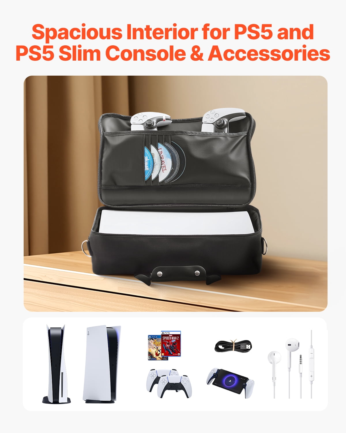 VEVOR PS5 Carrying Case, Travel Bag for Playstation 5 & PS5 Slim Waterproof Nylon, Soft Interior Lining & Padded Dividers for Extra Protection, Spacious Design with Carry Handle for Storage, Home thumbnail 6
