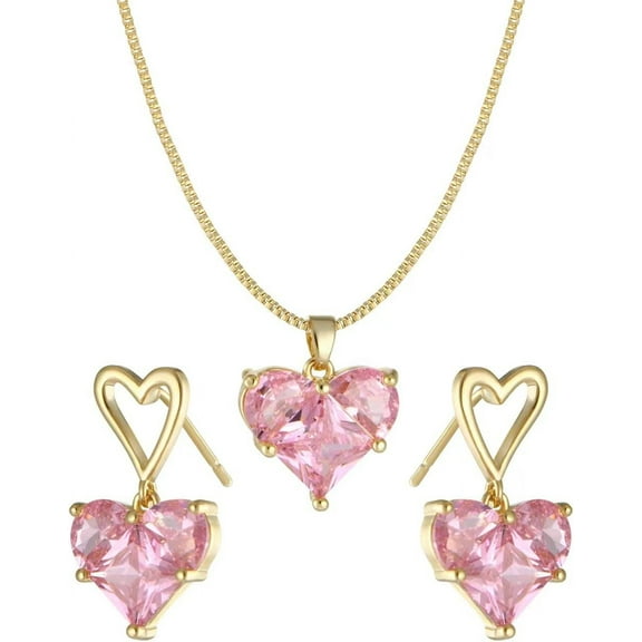 Pink Heart Necklace Earrings Set Cubic Zirconia Wedding Jewelry (Gold, Pink)