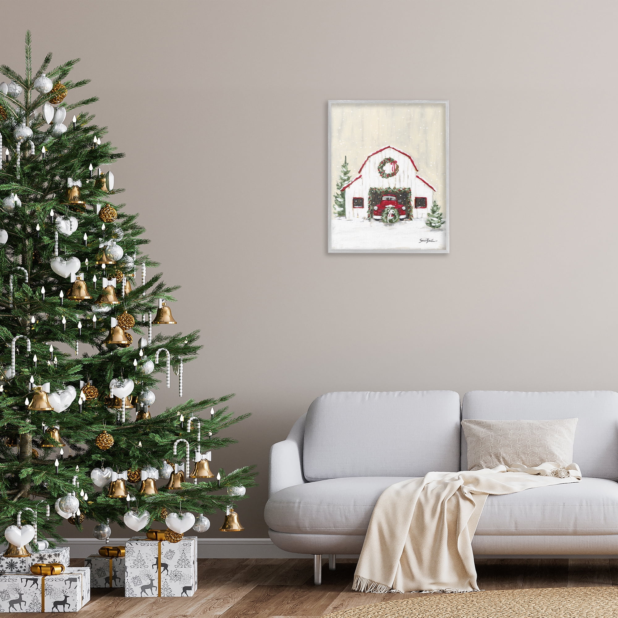 Stupell Industries Seasonal Garlands Barn Holiday Painting Gray Framed Art Prints Wall Art, 24 x 30