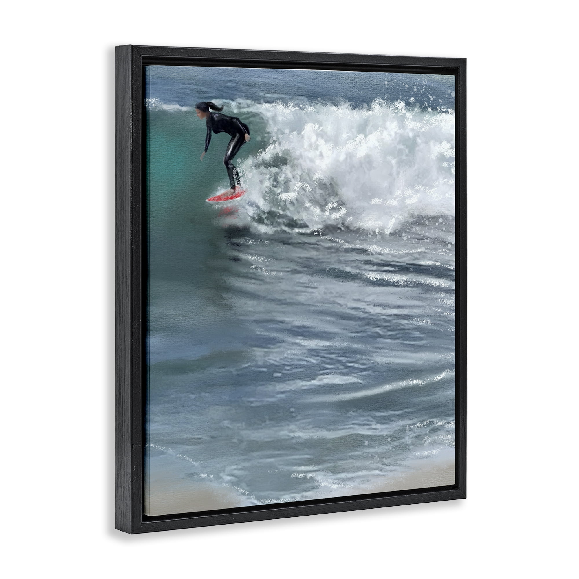 Stupell Industries Cali Surfer Girl Sports Painting Black Floater Framed Canvas Art Print Wall Art, 25 x 31