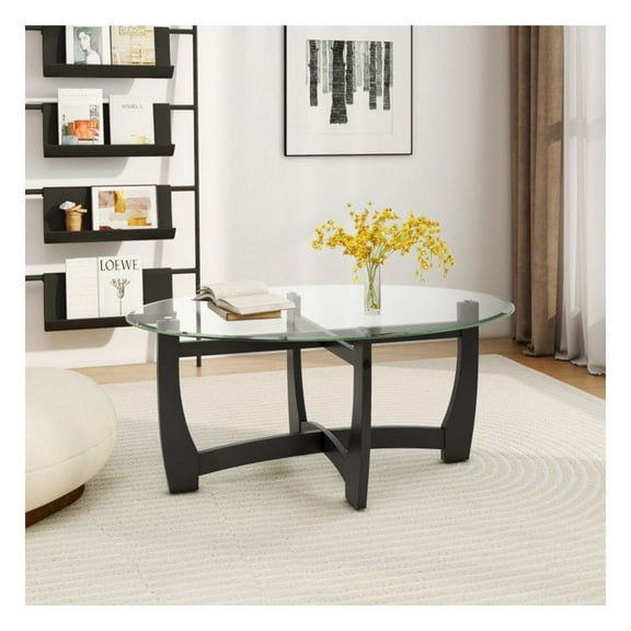 Oval Coffee Table with Tempered Glass Top & Rubber Wood Legs, 48"x30"x18.5" Black Modern Living Room Table, Stable X-Base, Easy Clean, Assembly Required