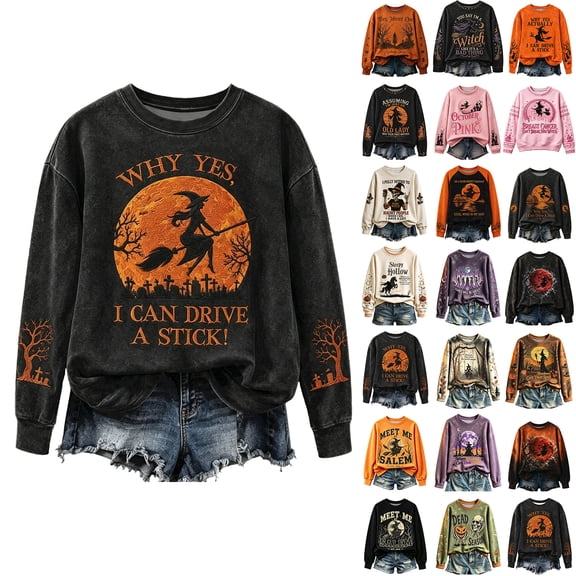 Textilo Women's Halloween Print Sweatshirts Long Sleeve Crewneck Sweatshirt Witch Salem Broom Company Graphic Shirt Halloween Funny Spooky Season Vintage Tee,Purple 3XL