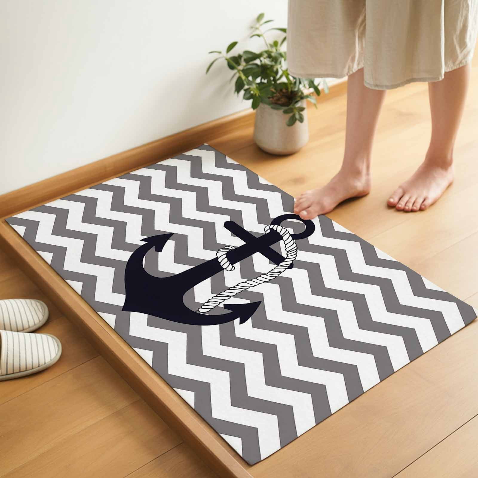 Black Nautical Anchor Indoor Door Mat - 18"x30", Non-Slip Welcome Mat for Outdoor, Gray Stripe Modern Wavy Lines Front Doormat for Entry, Low-Profile Doormat Entrance Rug for Kitchen/Bathroom