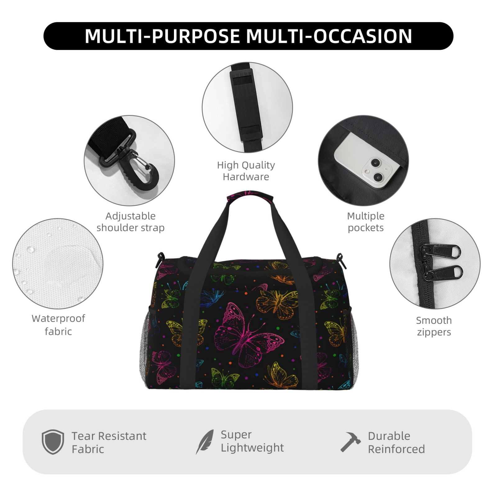 Fuzoiu Butterfly Print Travel Duffle Bag,Carry On Tote Bags,Duffel Bag,Sport Gym Bag, Hospital Bag for Labor and Delivery, Overnight Bag,Luggage Bag