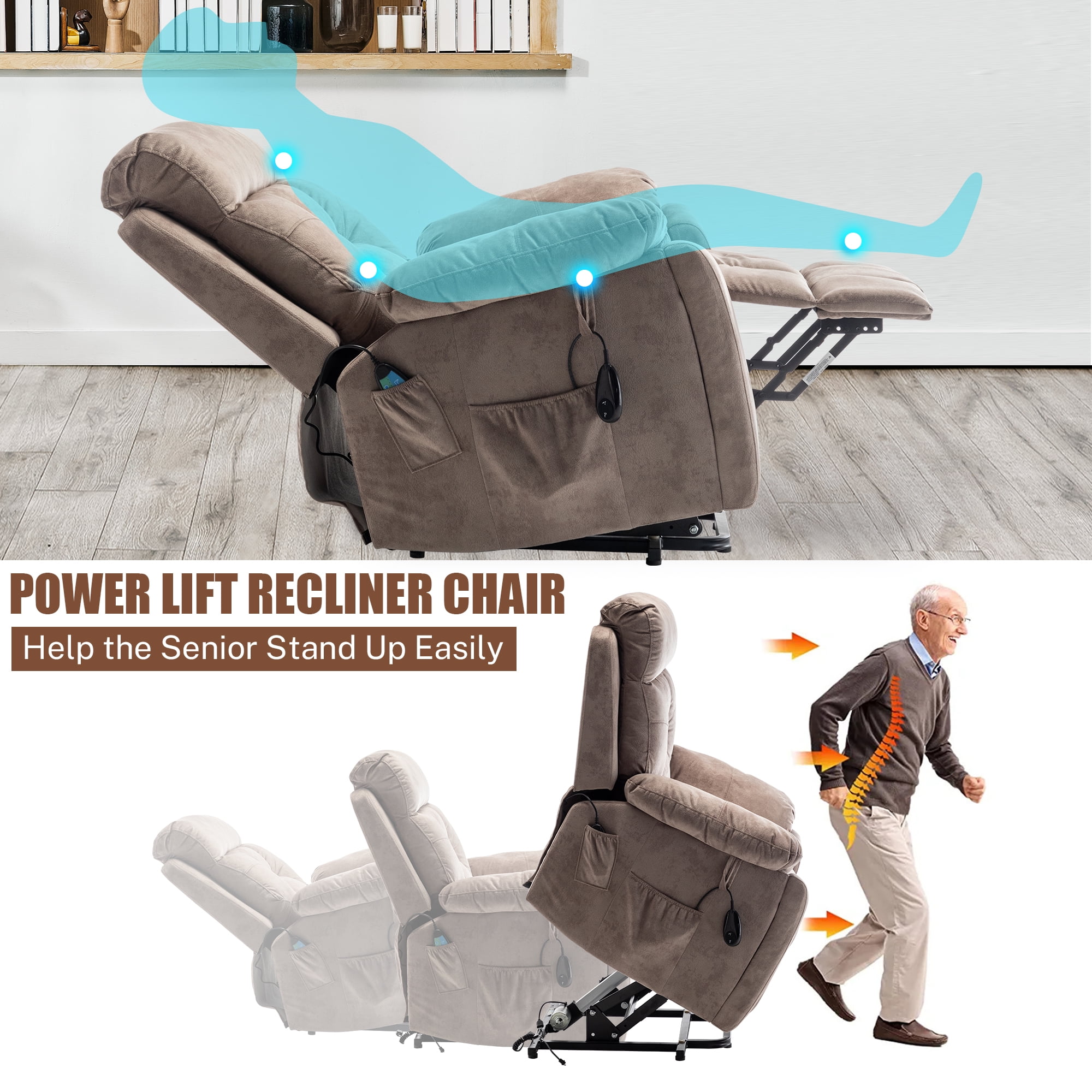 PAPROOS Oversized Electric Massage Lift Chair, Large Power Lift Recliner with Heat Therapy, Fabric Reclining Sofa with Remote, Hidden Cup Holder and Side Pocket for Elderly Seniors, Antique Brown