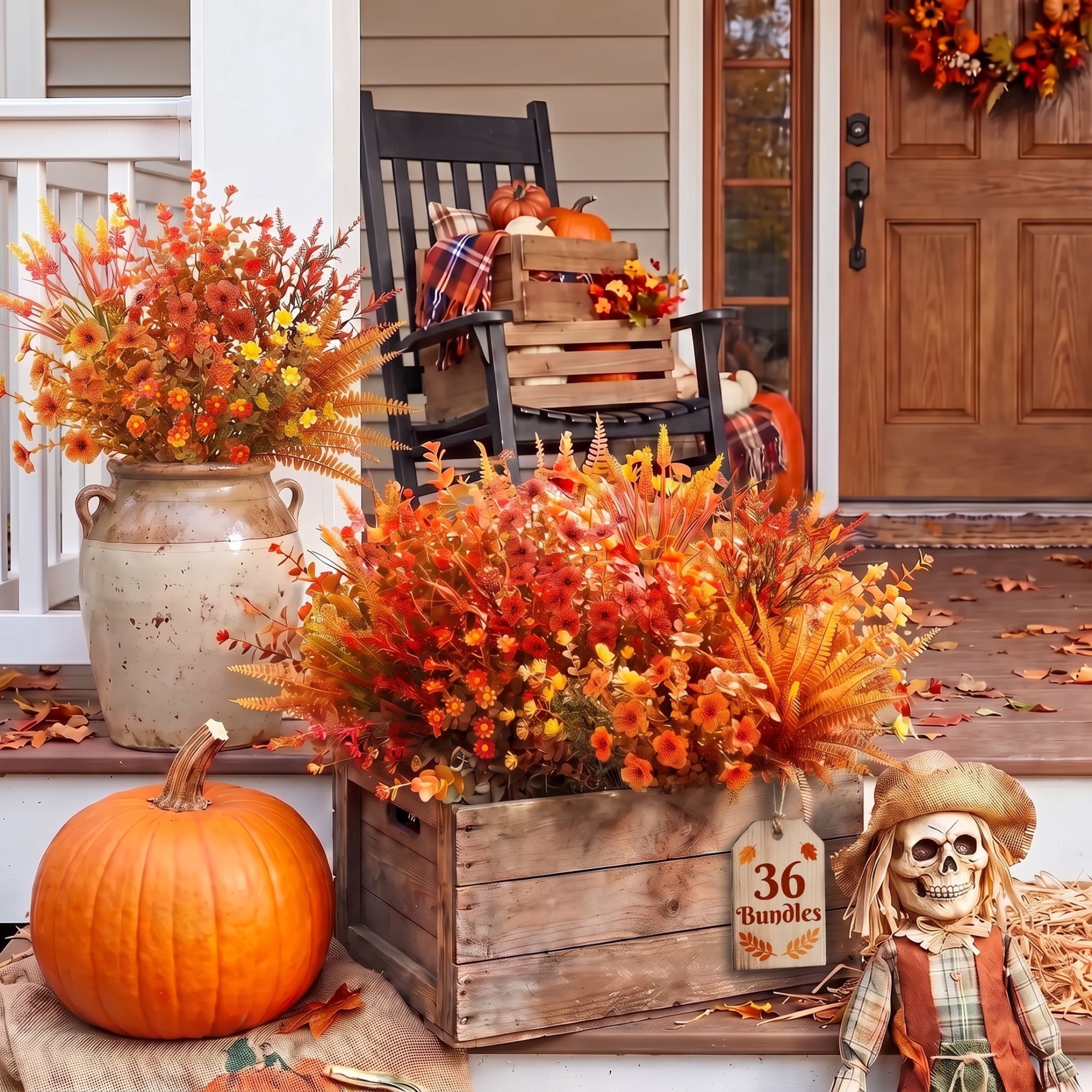 Scidweet Fake Fall Flowers Outdoors, 36 Bundles Autumn Artificial Flowers Faux Silk Plants Fall Decorations for Home Outside Garden Balcony Yard Front Porch Decor, Multicolor