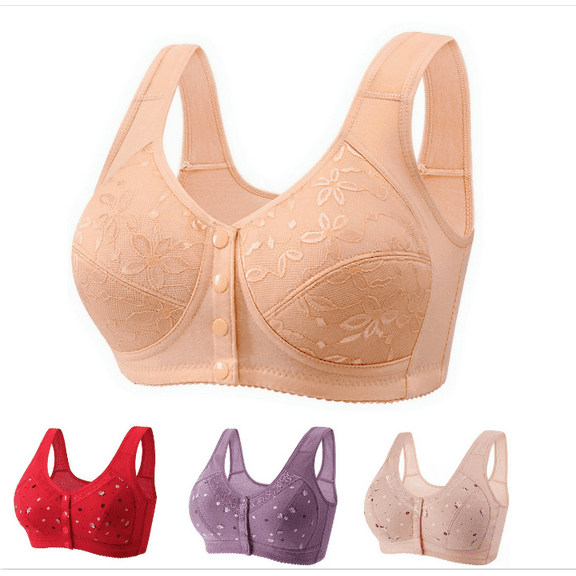 Daisyy Bras for Women No Underwire Front Closure Comfort Senior Wireless Snap Closing Bra - (Beige,32)