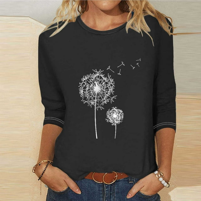 Mefallenssiah Blouses pour Femmes 2024 T-Shirt Imprimé Mode Femmes 3/4 Manches Chemisier Col Rond tops Décontractés