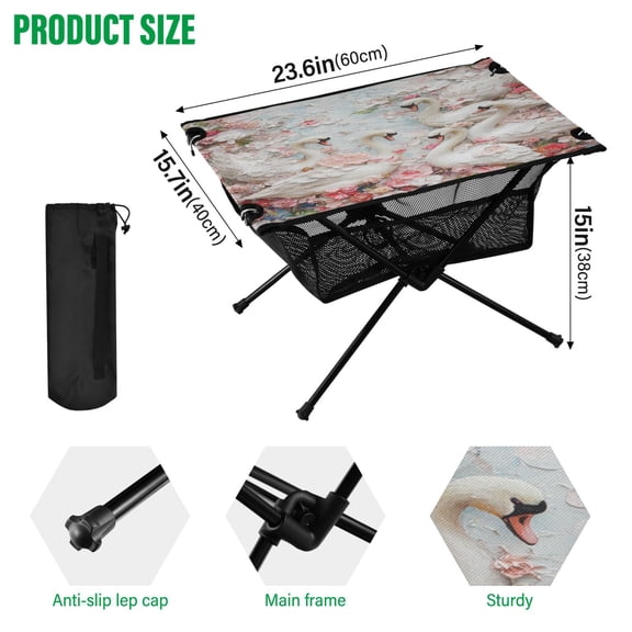 BZSMCE Camping Tables Simple Folding Table White Swans Pattern Size:23.6*15.7in