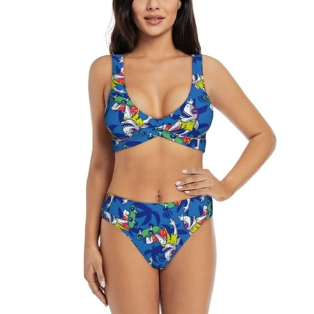 Zeuib Sharks Skateboarding With Palm High Waisted Tummy Control Bikini Set - Knot Front Push Up Top & Cheeky Thong Bottom  Two-Piece Swimsuit for Women-Small