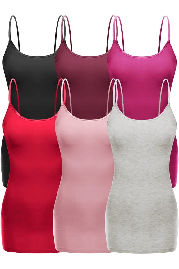 Women's Casual Long Camisole Top with Adjustable Strap 6 Pack, Blk Burg Fuchsia Red LghtPink Oat, Large